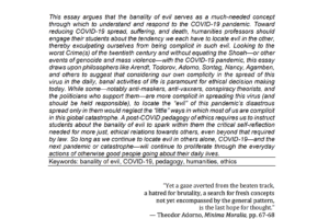 Peer-Reviewed Publication: “Post-COVID Pedagogy and Ethics: A Call to Teach the Banality of Evil.” The CEA Mid-Atlantic Review, vol. 29, 2021, pp. 39-51.